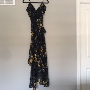 Cold shoulder black floral high low dress